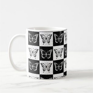 Black White Chequered Butterfly Design Coffee Mug