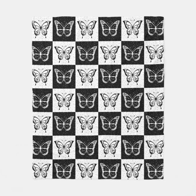 Black White Chequered Butterfly Design  Fleece Blanket (Front)