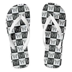 Black White Chequered Butterfly Design  Flip Flops