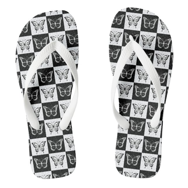Black White Chequered Butterfly Design  Flip Flops (Footbed)