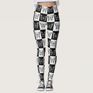 Black White Chequered Butterfly Design  Leggings