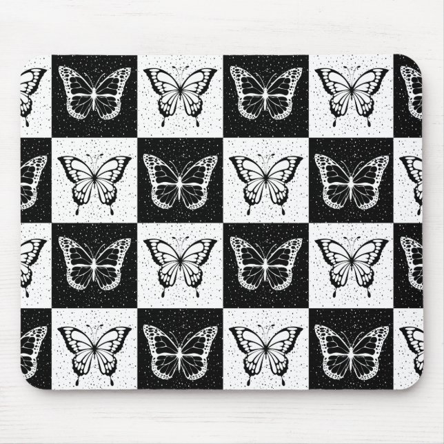 Black White Chequered Butterfly Design  Mouse Mat (Front)