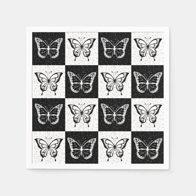 Black White Chequered Butterfly Design  Napkin (Front)