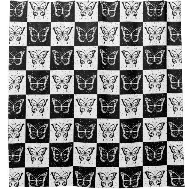 Black White Chequered Butterfly Design  Shower Curtain (Front)