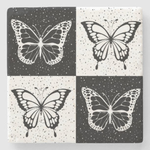 Black White Chequered Butterfly Design  Stone Coaster