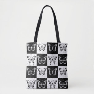 Black White Chequered Butterfly Design  Tote Bag