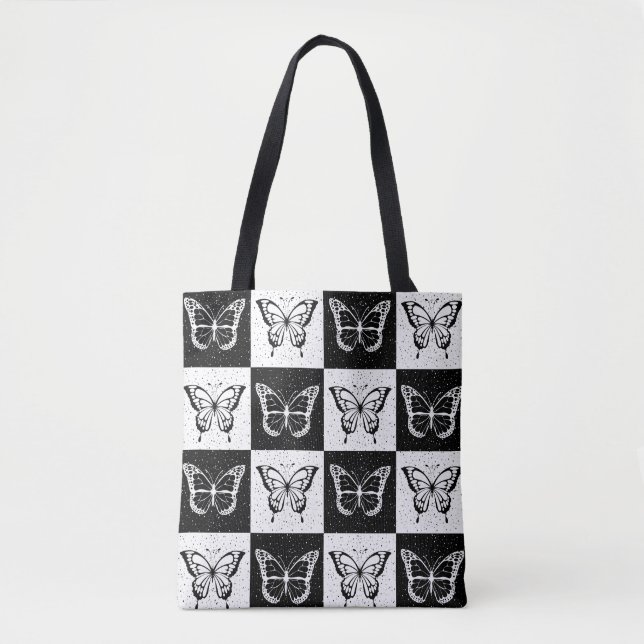 Black White Chequered Butterfly Design  Tote Bag (Front)