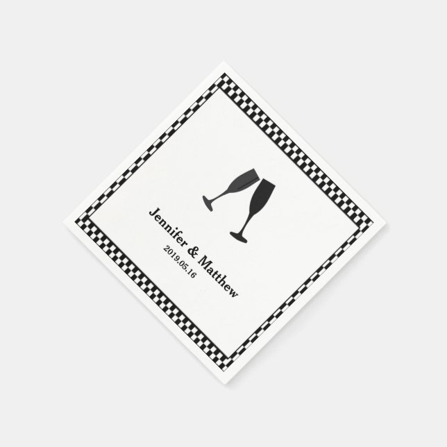 Black & White Chequered Champagne Glass Party Napk Napkin (Corner)