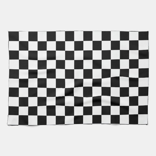 Black White Chequered Check Pattern Tea Towel (Horizontal)