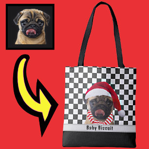Black White Chequered Custom Photo Name Tote Bag