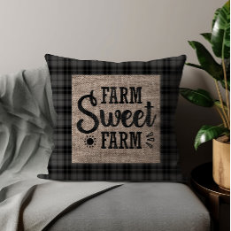Black White Chequered Farm Sweet Farm Burlap Cushion