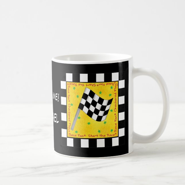Black White Chequered Flag Name Personalised Coffee Mug (Right)