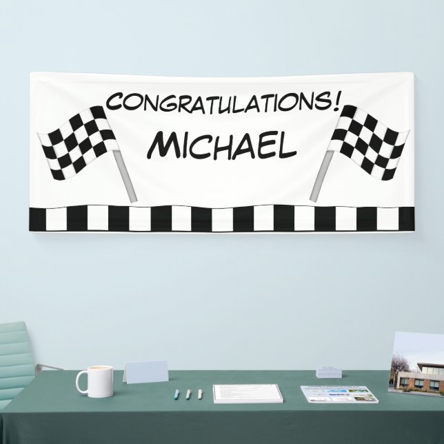 Black White Chequered Flag Race Congratulations Banner (Tradeshow)
