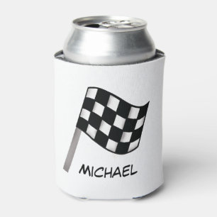 Black White Chequered Flag Race Name Personalised Can Cooler