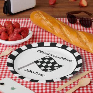 Black White Chequered Flag Race Name Personalised Paper Plate