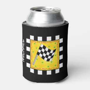 Black White Chequered Flag Race Yellow Name Can Cooler