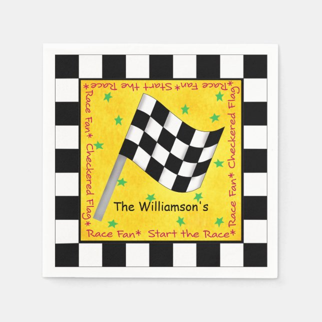 Black White Chequered Flag Waving Yellow Race Napkin (Front)