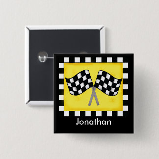 Black White Chequered Flag Yellow Name Badge