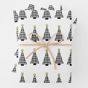 Black & White Chequered Holiday Tree Wrapping Pape Paper Sheet