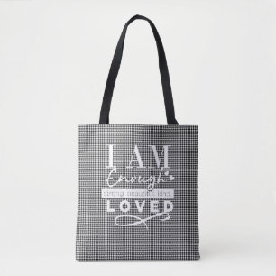 Black/White Chequered "I AM LOVED" tote Bag