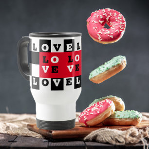Black White Chequered LOVE Travel Mug