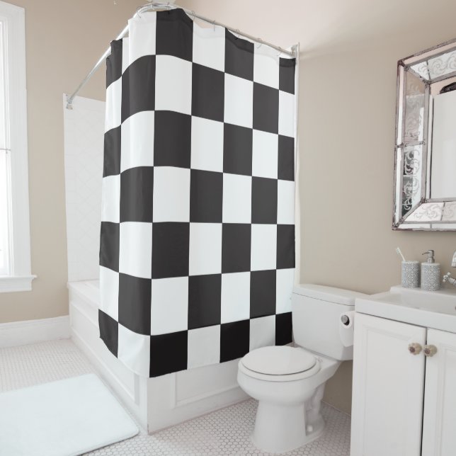 Black White Chequered Modern Pattern Shower Curtain (In Situ)