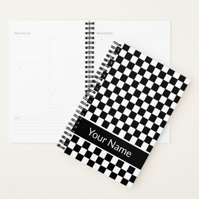 Black White Chequered Pattern Personalised Name Planner (Display)