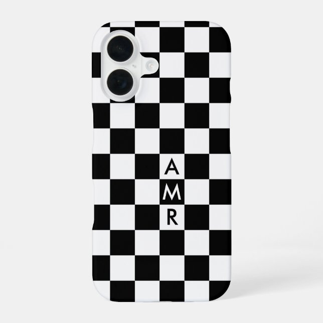 Black White Chequered Pattern with Monogram iPhone 16 Case (Back)