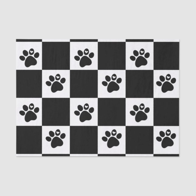 Black & White Chequered Pawprint  Tissue Paper (Front)