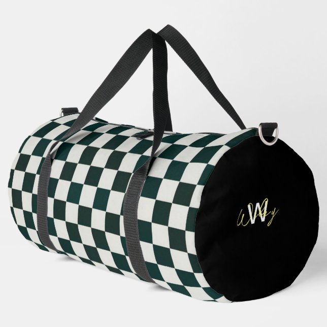 Black White Chequered Personalised Duffle Bag (Left Corner)