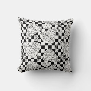 Black White Chequered Pizza Slices Herbs Sketch Cushion