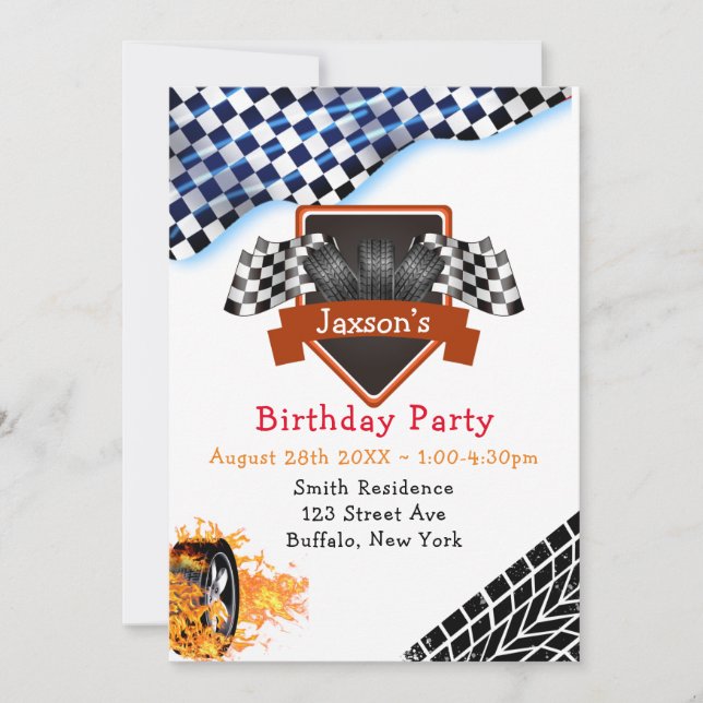 Black White Chequered Racing Flag Birthday Party Invitation (Front)