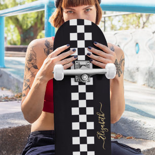 Black White Chequered Racing Flag Gold Monogram Skateboard