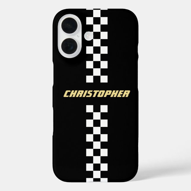 Black White Chequered Racing Flag Gold Monogrammed Case-Mate iPhone Case (Back)