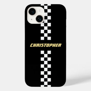 Black White Chequered Racing Flag Gold Monogrammed Case-Mate iPhone 14 Case