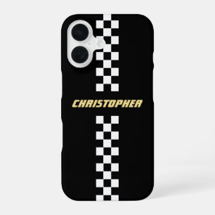Black White Chequered Racing Flag Gold Monogrammed iPhone 16 Case