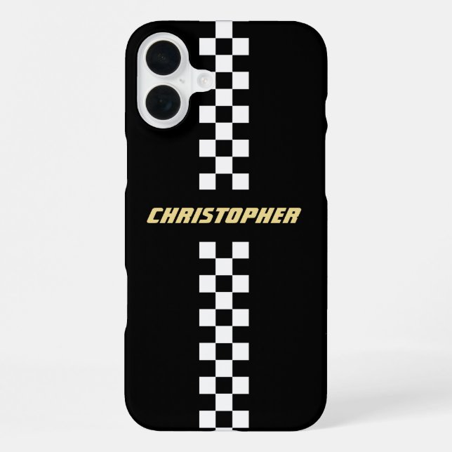 Black White Chequered Racing Flag Gold Monogrammed iPhone Case (Back)
