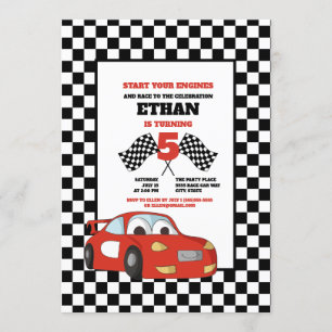 Black White Chequered Red Race Car Birthday Party Invitation