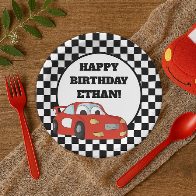 Black White Chequered Red Race Car Birthday Party Paper Plate (Red race car little boy's birthday party paper plate)