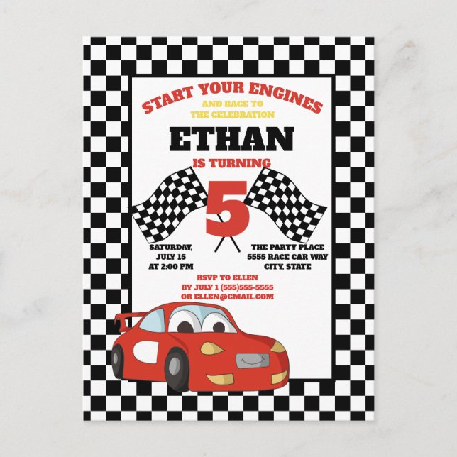 Black White Chequered Red Racecar Child's Birthday Postcard (Front)