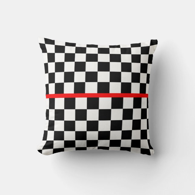 Black White Chequered Red Stripe Cushion (Front)