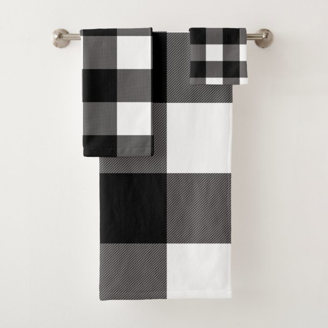 Black & White Chequered Squares Buffalo Plaid Bath Towel Set (Insitu)