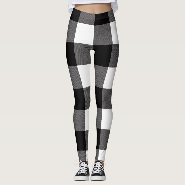 Black & White Chequered Squares Buffalo Plaid Leggings (Front)