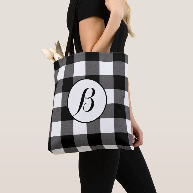 Black & White Chequered Squares Buffalo Plaid Tote Bag (Close Up)