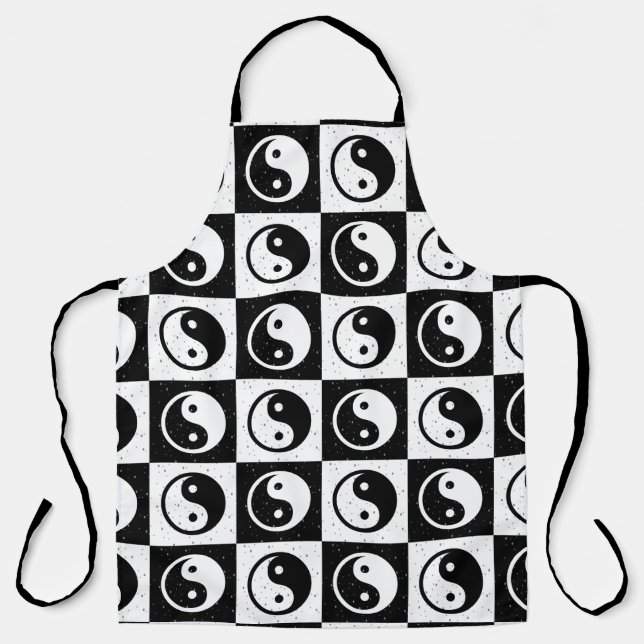Black White Chequered Yin-yang Zen Block Print Apron (Front)