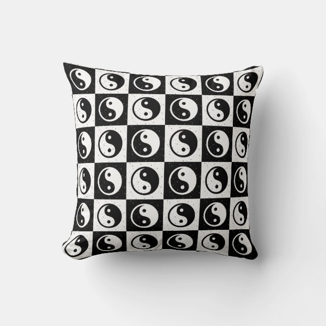 Black White Chequered Yin-yang Zen Block Print Cushion (Front)