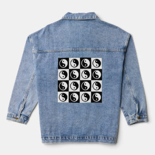 Black White Chequered Yin-yang Zen Block Print Denim Jacket