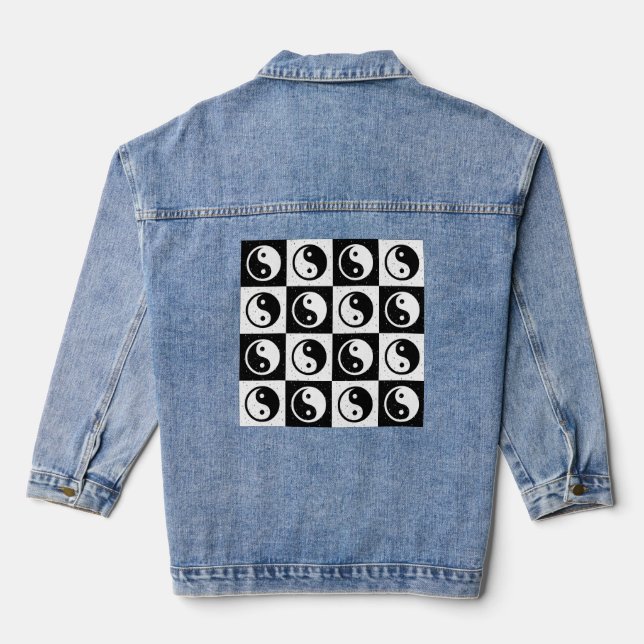 Black White Chequered Yin-yang Zen Block Print Denim Jacket (Back)