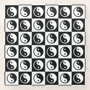Black White Chequered Yin-yang Zen Block Print Glass Coaster