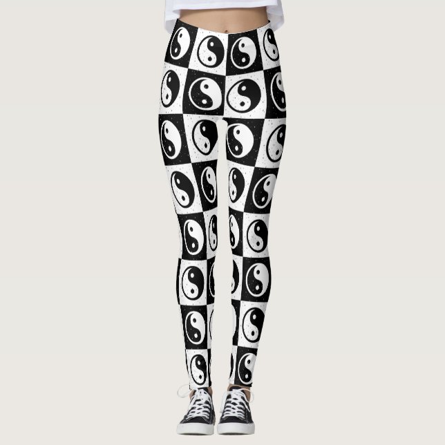 Black White Chequered Yin-yang Zen Block Print Leggings (Front)